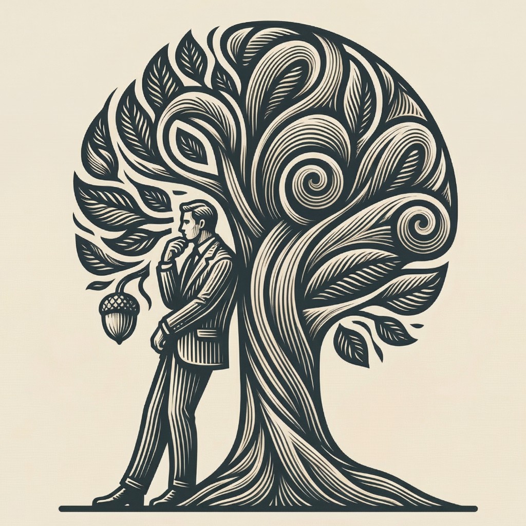 Ağaç altında düşünen adam; ahşap baskı tarzı çizim.